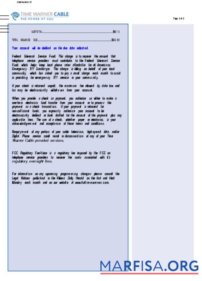 Downloadable Time Warner Cabel utility business bill, page 3, SCR download for verification